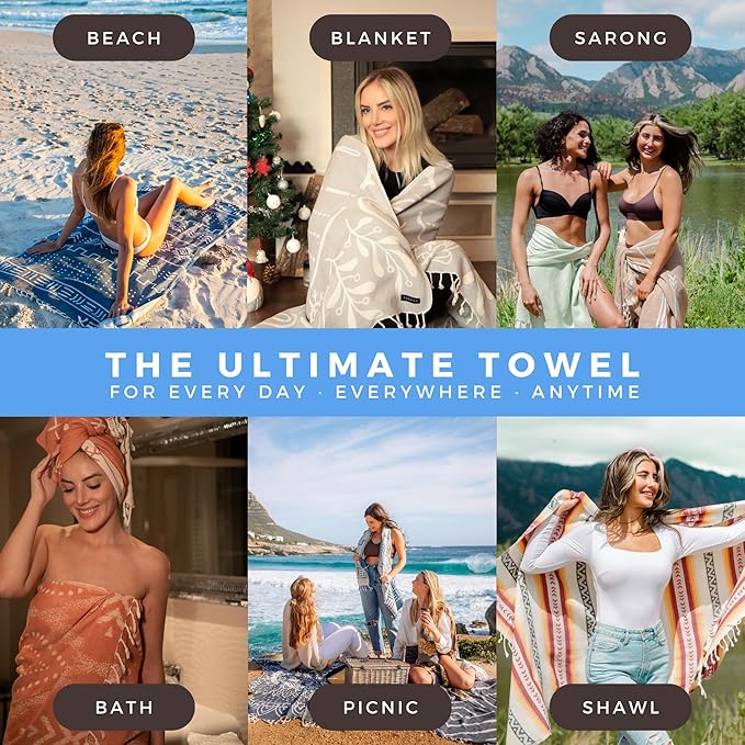 FESHKA Sand Free Turkish Beach Towel (37 x 67) Quick Dry Bath Towel, Oversized Beach Blanket, Lightweight for Travel - Made with 100% Organic Turkish Cotton - Synergy (Blue/Orange)
