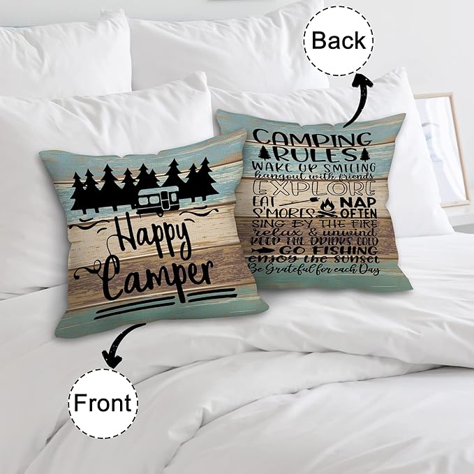 Welcome to Our Camper Soft Diatom Mud Absorbent Bath Rug 17'x30',Reversible Throw Pillow Cover 18'x18',Set of 1 Pillow Cover 1 Doormat,Campsite RV Decor,Camper Gifts