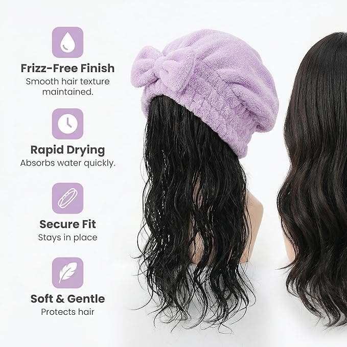 Microfiber Hair Towel Wrap for Thick Damaged Hair, Quick Drying Hair Turban with Bow, Super Absorbent Anti Frizz Hair Cap for Curly Frizzy Hair, Lightweight Towel for Women After Shower (Pink+Purple)
