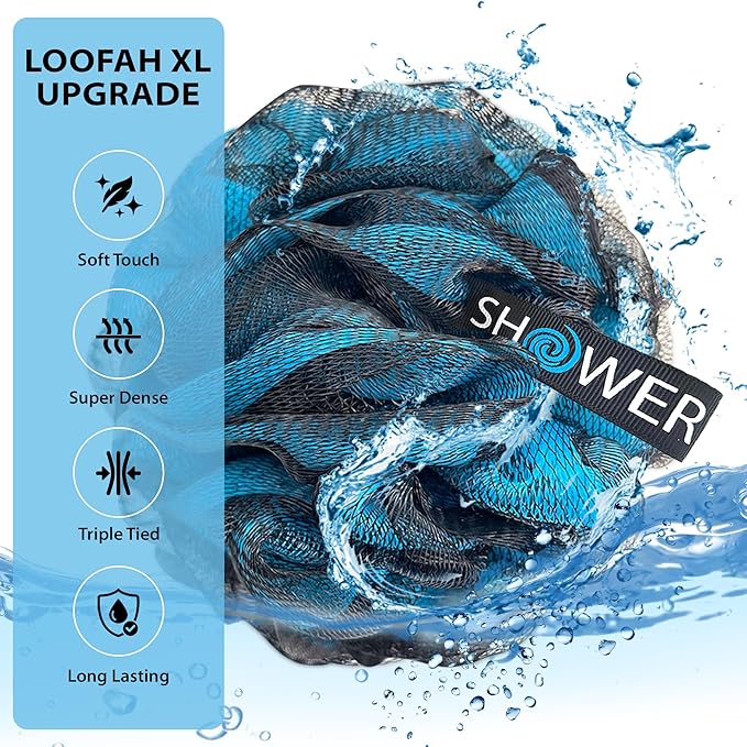 SHOWER BOUQUET Loofah-Charcoal Bath-Sponge XL-Color-4-Pack // Extra Large 75g Soft Mesh Black Luffa Loofa Loufa Puff Set/Exfoliating Body Scrubber for Women and Men - Exfoliate & Soothe Face & Body