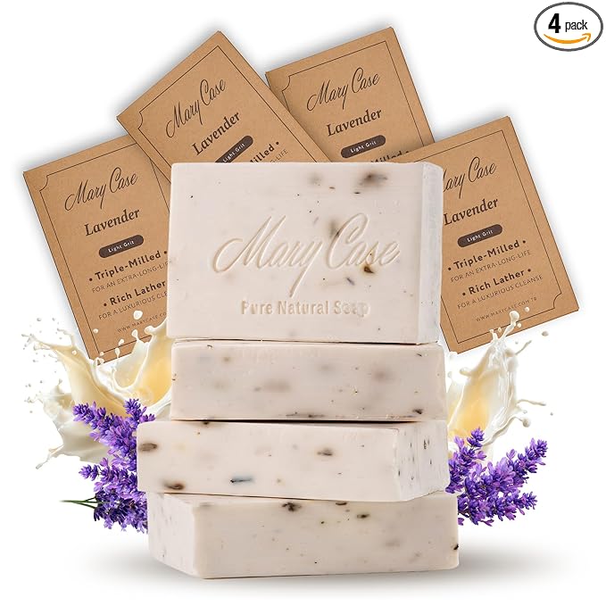 Mary Case Goat Milk & Lavender Bar Soap Set of 4 | Natural Soap with Olive, Coconut & Oils + Dried Flowers | Bath Soap for Men & Women |