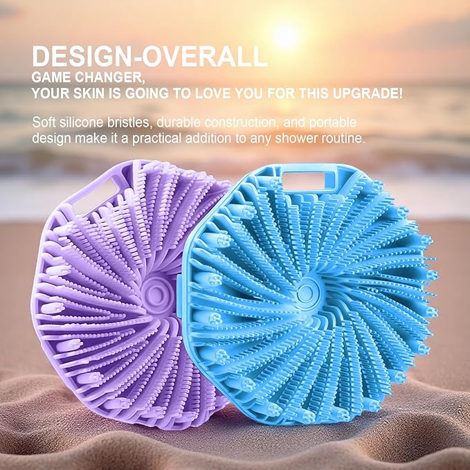 RamPula Silicone Body Scrubber, Silicone Loofah, Quick-Dry Exfoliating Body Brush for Wet or Dry Brushing, More Hygienic Than Traditional Loofah, Medium-Bristle Brush, Blue and Purple
