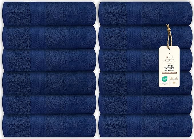 Large Bath Towels Bulk Set of 12 – 100% Cotton Terry – 24" x 50" – Quick Dry, Soft & Highly Absorbent – Navy Towels for Bathroom, Gym, Spa, Pool & Daily Use