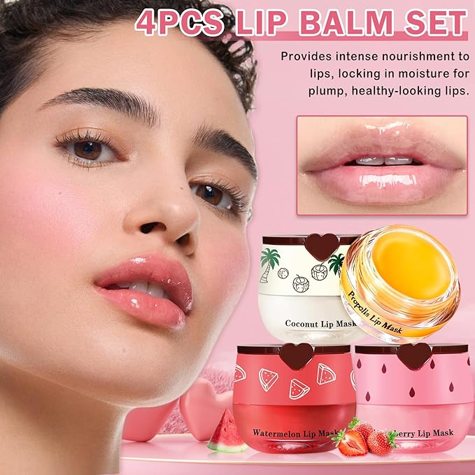 Honey Pot Lip Balm Set,4PCS Strawberry Watermelon Coconut Honey Lip Balm,Moisturizing and Repair Bee Lip balm honey Pot,Prevention Dry and Crack Lip Sleeping Mask
