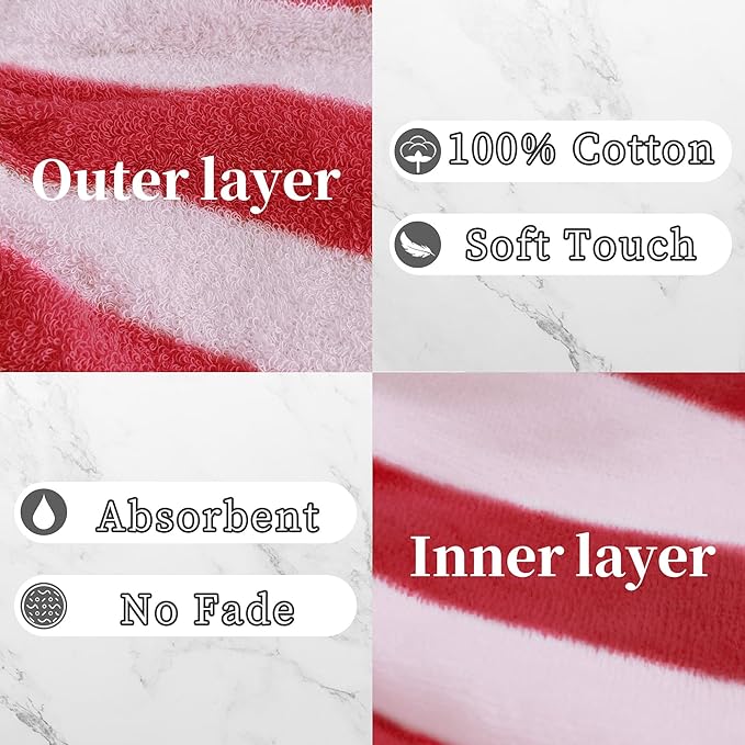 VOOVA & MOVAS 6-Pack Bath Mitts for Shower, 100% Cotton Soft Absorbent Wash Cloths with Hanging Loop, 8.3x6.3 Inch European Style Bathing Gloves for Body & Spa, Pink Red Stripe & White