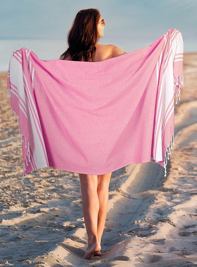 Goroly Home Cotton Turkish Peshtemal Beach Towel, Extra Large, Thin Quick Dry Sand Free Pool & Swim Towel, Bathing Blanket, Travel Essentials, (Pink, 36x71 Inches)