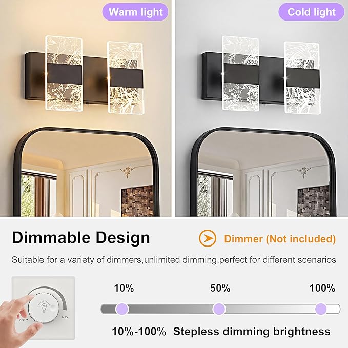 Modern LED Bathroom Light Fixtures Dimmable 2-Light Black Vanity Light, 5CCT Adjustable Lighting Fixture Vanity Lights Over Mirror, Smoked Acrylic LED Vanity Lights for Bathroom
