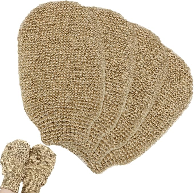 4 Pieces Bath Mitt Loofah Shower Gloves Natural Exfoliating Hemp Scrubbing Mitt Bath Sponge Shower for Women Men Scrubber Machine Washable Double Sided Available