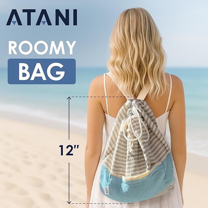 ATANI Turkish Beach Towel (71x39 Inches), Converts to a Bag, Oversized 100% Cotton Bath Towels Lightweight Quick-Dry Beach Blanket for Travel, Picnic, Camping, Yoga and Pool(Grey x Turquise)