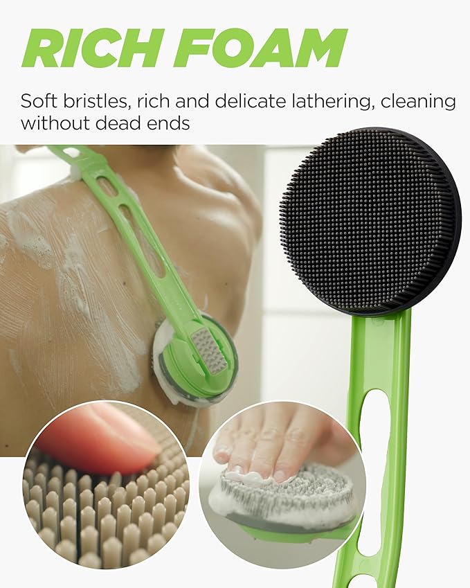 DOWMI Silicone Body Scrubber - 19" Foldable Long Curved Handle for Ultimate Reach and Comfort - Back Shower Scrub Brush - Hygienic and Durable Soft Silicone for Sensitive Skin