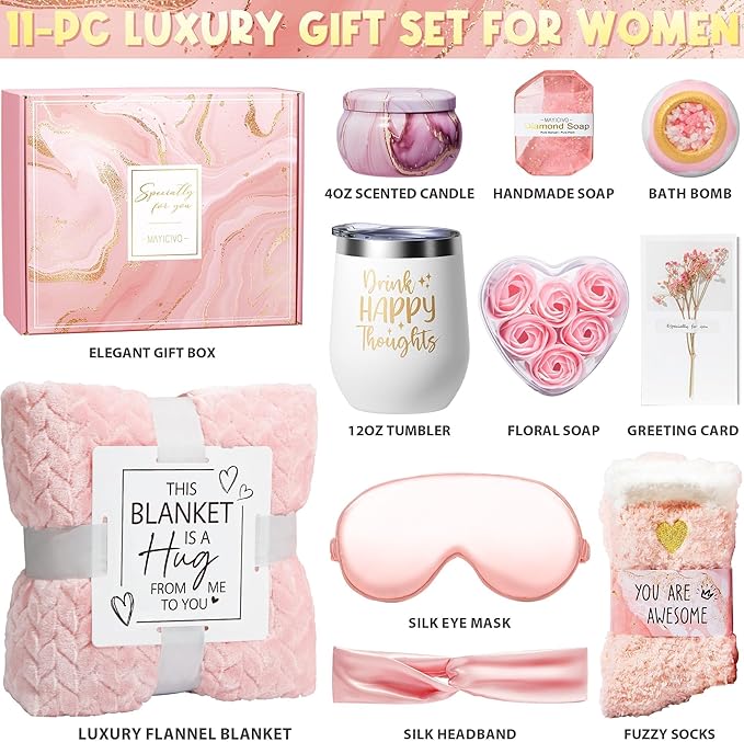 Mothers Day Birthday Gifts for Women Self Care Get Well Soon Gifts, Rose Relaxing Spa Gift Basket Thinking of You Care Package with Flannel Blanket, Unique Gift for Her Mom Wife Grandma Friend Sister