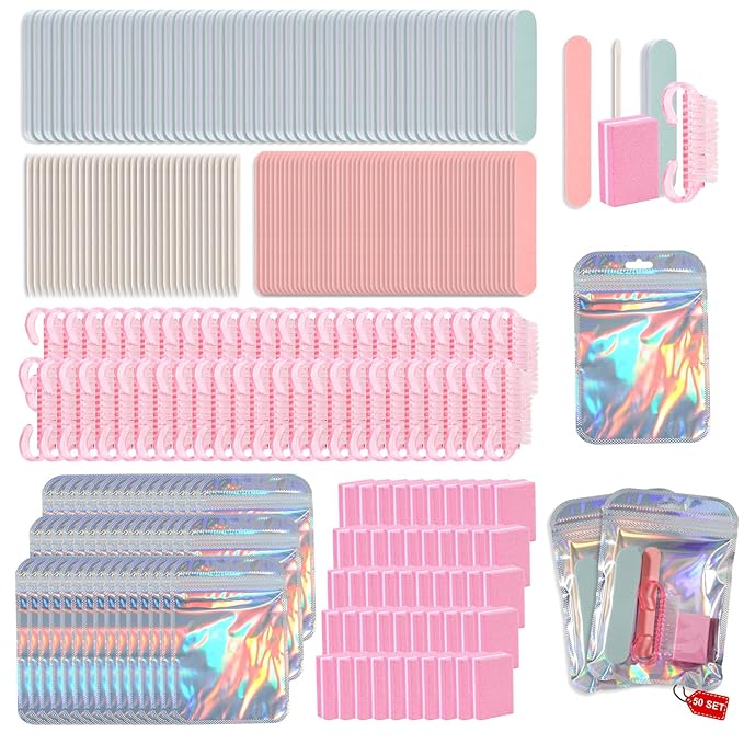Disposable Manicure Kit Professional, 50 Set Press On Nail Tool Kit with Nail File, Nail Buffer, Nail Buffer Block, Nail Handle Brush, Wood Stick, Packaging Bag (Pink-50pcs)