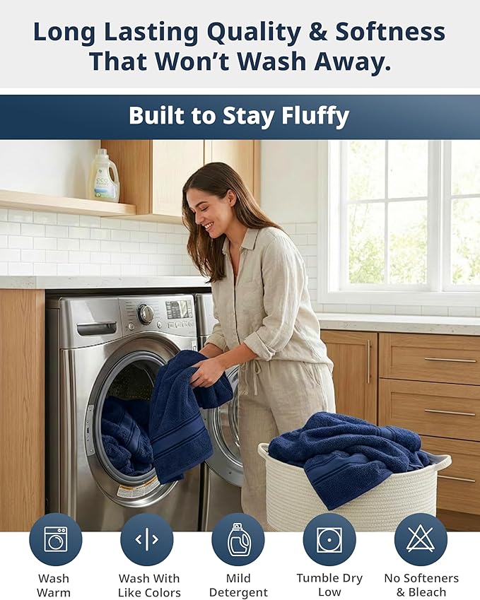 LANE LINEN Luxury Bath Towels Set - 6 Piece Set, 100% Cotton Bathroom Towel, Zero Twist, Quick Dry Shower Towels, Extra Soft Absorbent Towel, 2 Bath Towels, 2 Hand Towels, 2 Wash Cloths - Navy
