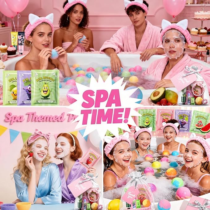 55PCS Spa Party Supplies for Girls, Spa Party Favors Face Masks, Hand Cream, Lip Balm, Lip Mask, Under Eye Patches, Foot Bath Bombs, Spa Birthday Sleepover Party Supplies for Women, Mothers Day Gifts