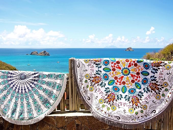 Pafusen Round Mandala Beach Towel Blanket/Boho Hippie Tapestry, Roundie Yoga Meditation Mat Picnic Rug, Bohemian Table Cloth with Tassels, Terry Towel Material, 60 inch Cute Towels, Gifts for Women