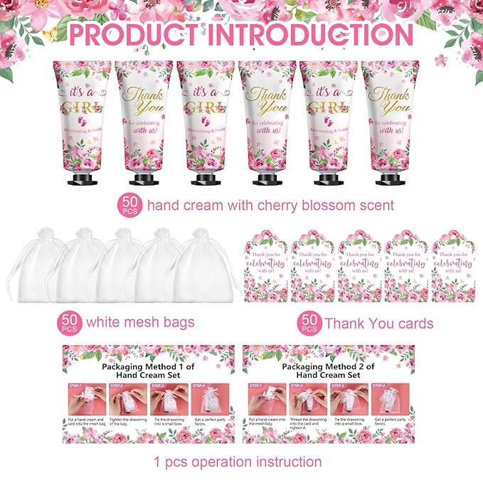 KONEUK 50 Pack Bulk Hand Cream Sets, Bridal Shower Favors, Appreciation Gifts and Baby Shower Favors for Guests with Thank You Card and Organza Gift Bags, Wedding Party Favors (Baby Girls)