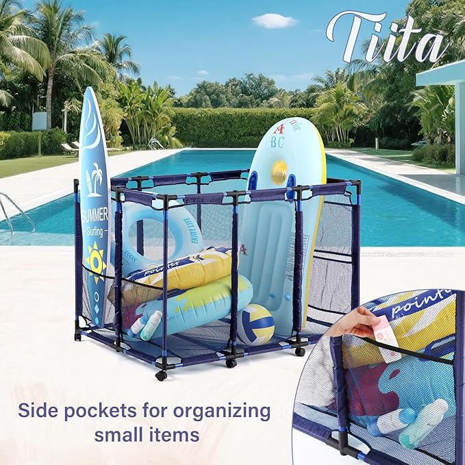 Tiita Pool Storage Bin, Rolling Pool Toy Storage Organizer, Parts & Accessories，Pool & Spa Replacement Parts（Blue）