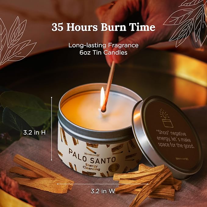 Magnificent 101 Long Lasting Palo Santo Smudge Candle | 6 Oz - 35-Hour Burn | Essential Oils, 100% Natural Ingredients | Smoke Free, Petroleum Free Candle to Cleanse Your Home