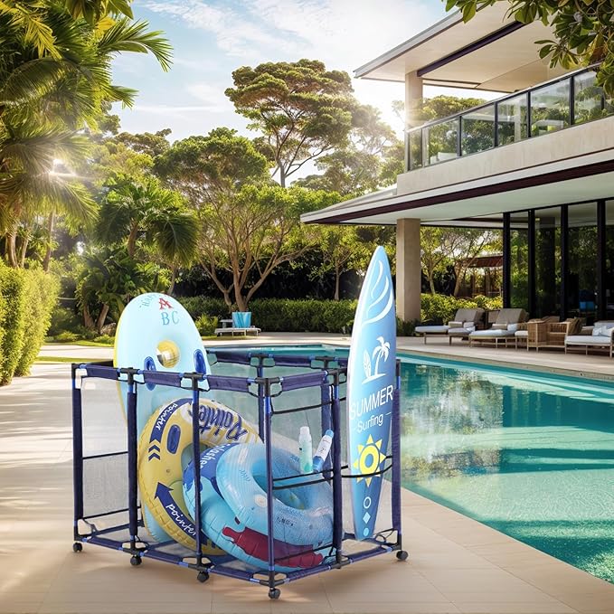 Tiita Pool Storage Bin, Rolling Pool Toy Storage Organizer, Parts & Accessories，Pool & Spa Replacement Parts（Blue）
