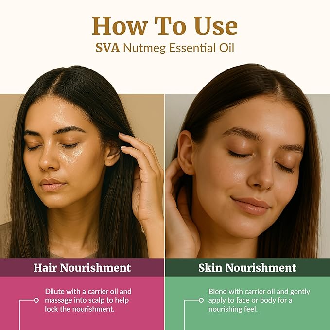 SVA Nutmeg Essential Oil – 4 Fl Oz – 100% Natural Nutmeg Oil - for Diffuser, Hair Care, Face, Skin Care, Aromatherapy, Scalp and Body Massage, Soap and Candle Making – with Dropper