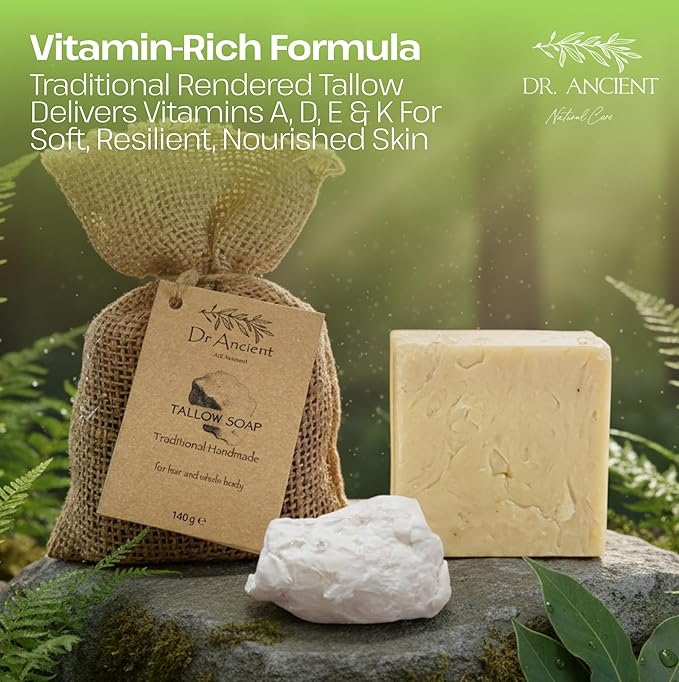 Dr.Ancient Tallow Soap Bar, Organic Soap Bars Handcrafted the Traditional Way, Natural Chemical-Free, Used for Face and Body, Gently Cleanses, Softens Skin, Supports Hydration, and Daily Routine