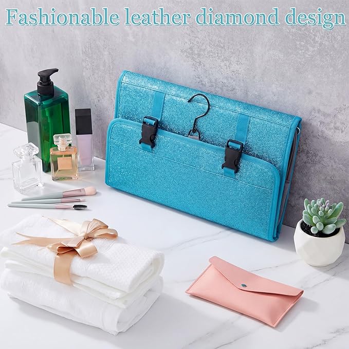 Travel Hanging Toiletry Bag with Mirror Leather Travel Hanging Mirror Foldable Dance Competition Makeup Bag Backstage Cosmetic Organizer for Traveling Dancers Spa(Glitter,Blue)