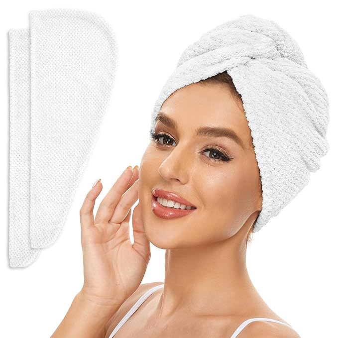 SimpleField 2 Pack Microfiber Hair Towel Wrap for Women, Anti Frizz Quick Drying Hair Turban for All Hair Style, Absorbent and Lightweight (Bright White)