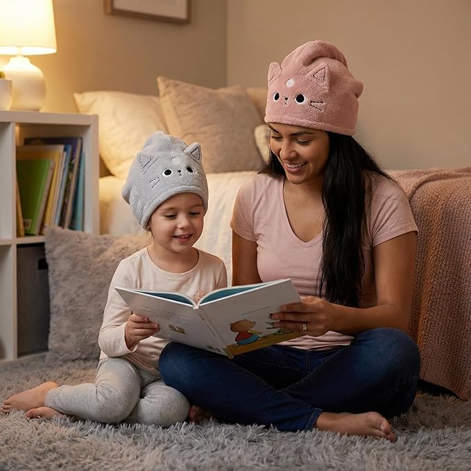 ARTIBETTER 3Pcs Cute Cat Hair Wrap Towels for Kids, Thickened Coral Fleece, Quick Dry Towel, Strong Water Absorption, Soft Shower Cap, Mixed Color for Bath & Household Daily Use