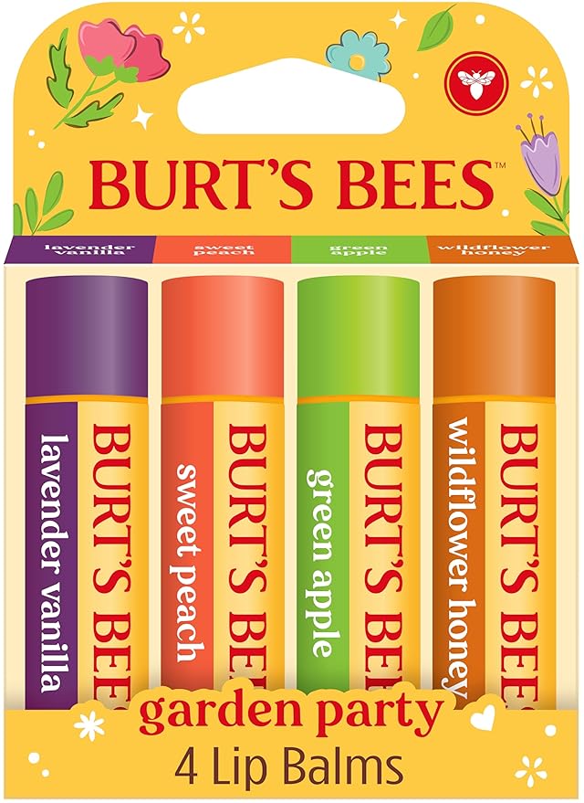Burt's Bees 4 Pack Lavender Vanilla, Sweet Peach, Green Apple, Wildflower Honey; 24 Hour Moisture Moisturizing Lip Balm, 100% Natural Origin, Mother's Day Gift, 4 Tubes, 0.15 oz