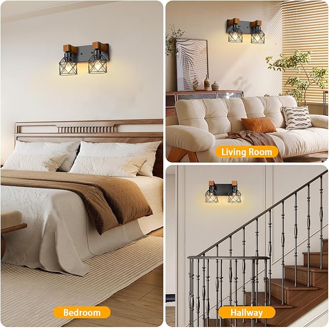 2-Light Farmhouse Bathroom Light Fixtures Over Mirror, Rustic Wood Vanity Lights for Bathroom, Vintage Black Sconces Wall Lighting with Metal Shade for Living Room, Cabinet, Hallway