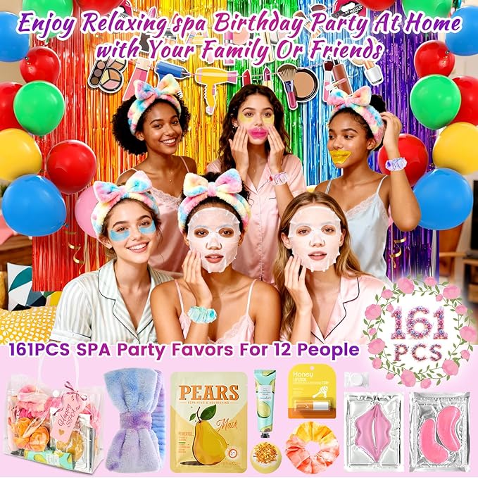 160 PCS Spa Party Supplies For Girls, Kids & Family, Include Face, Eye, Lip & Foot Care, Sleepover Birthday Party Favors With Banner, Balloons, Fringe Curtain, Spa Birthday Gift Set For 12 People