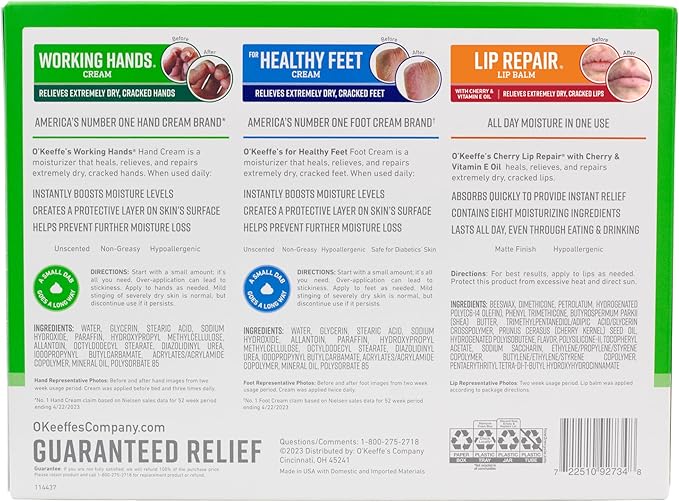 O'Keeffe's Giftbox Including Lip Repair with Cherry and Vitamin E Oil Stick, Working Hands Jar and Healthy Feet Jar, Gift Idea, Mother's Day