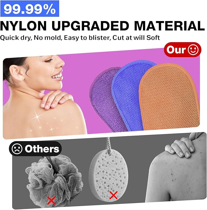 African Net Sponge Exfoliating Gloves, 3-Pack Bath Mitts for Deep Cleaning & Dead Skin Removal, Assorted Colors （Brown, Blue, Purple）
