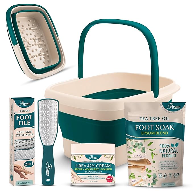 Fivona Foot Care Kit 4 in 1 - Foot Soak Blend with Epsom Salt, Tea Tree and Essential Oils - Collapsible Foot Soak Basin - 42% Urea Cream for Hard, Calloused Skin - Dual Action Foot File