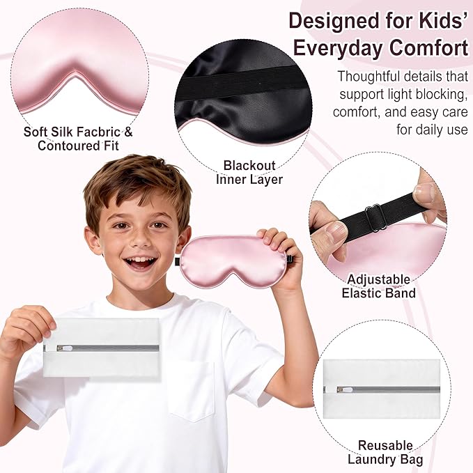 Kids Sleep Mask, Kids Eye Mask for Boys Girls, Kid Silk Eye Masks with Adjustable Strap for Sleeping, 100% Light-Blocking Sleep Eye Cover, Includes Protective Laundry Bag (Pink)