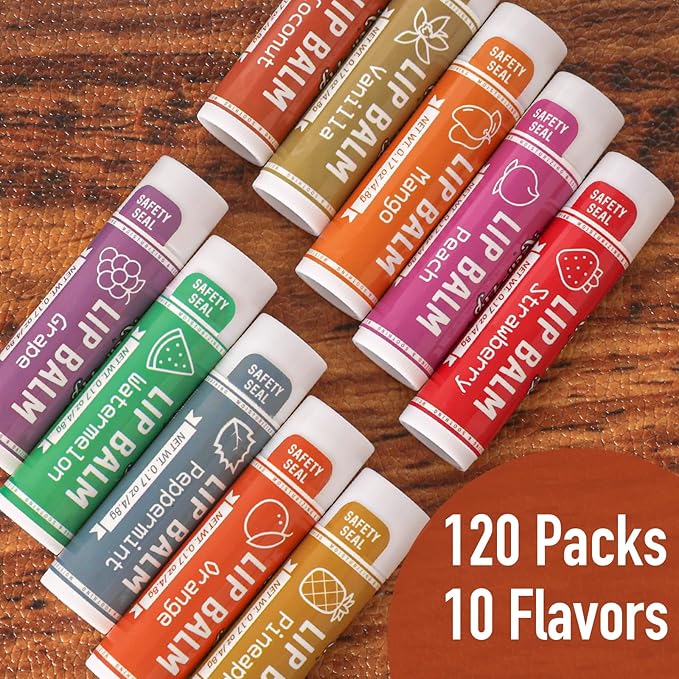 AZEN 120 Pack Lip Balm, Natural Lip Balm Bulk, Lip Care Product, Moisturizing Lip Balms for dry cracked lips, Mothers Day Gifts Easter Basket Stuffers - 10 Flavors
