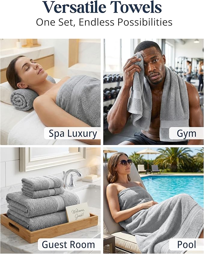 LANE LINEN 100% Cotton Turkish Towel Set for Bathroom - 6 Piece - Super Soft, Quick Dry & Highly Absorbent - 2 Bath, 2 Wash cloths, 2 Hand Towels - Hotel Quality, Durable & OEKO-TEX Certified - Grey