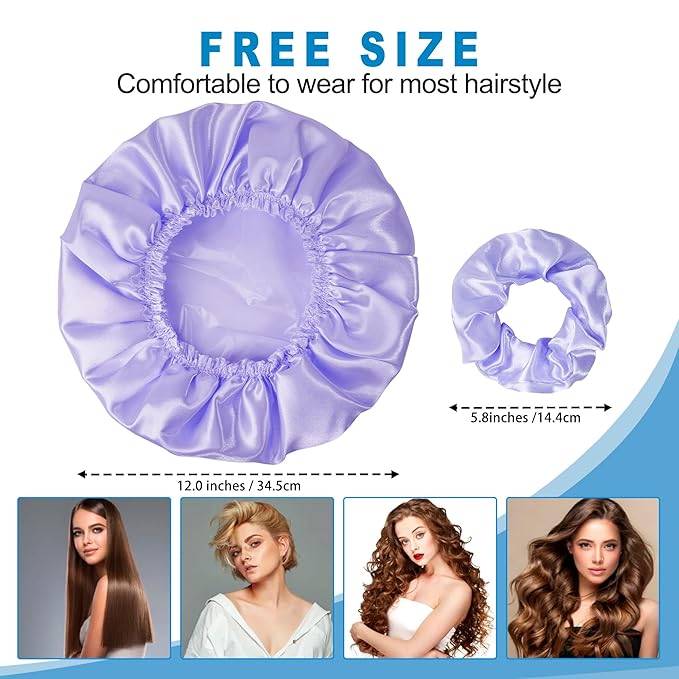 Shower Cap for Women Set of 4, Bath Caps, Double Layers Hair Caps + 4 Satin Hair Scrunchies, Reusable Waterproof Shower Caps, Elastic Hair Cap for Shower - Pattern C