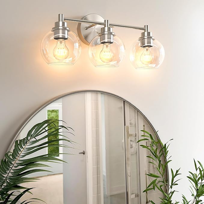VONLUCE Bathroom Light Fixtures, 3-Light Vanity Light with Globe Glass Shades E26 Sockets, Bathroom Lights Over Mirror for Bedroom Hallway Living Room, Brushed Nickel Finish, ETL Certificated