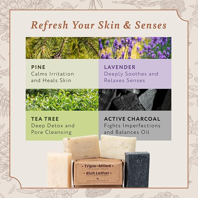 Mary Case Goat Milk Variety Bar Soap Set of 8 | Lavender, Pine Tar, Tea Tree & Charcoal Natural Soaps with Olive & Coconut Oils | Bath Soap for Men & Women | Hydrating, Nourishing