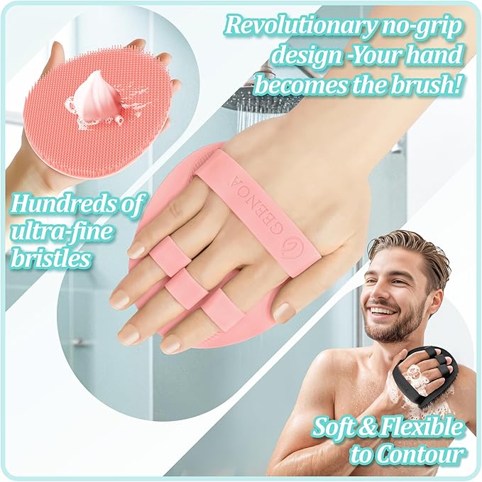 Silicone Back & Face Scrubber & Bath Glove Set 3PCS, 13.4'' Gentle Back Scrubber with Dual-Side Head, 360° Anti-Slip Bath Glove, Unique Side-bristled Face Scrubber for All-Round Cleaning(Pink)