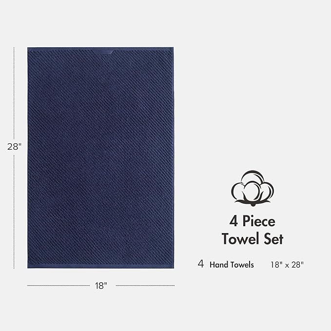 Madison Park 4-Piece Hand Towel Set for Bathroom 18" x 28" Diagonal Ribbed, Navy - 100% Cotton Soft Quick Dry & Absorbent Gift | Zero Twist, 500 GSM, Oeko-TEX, Hotel Quality