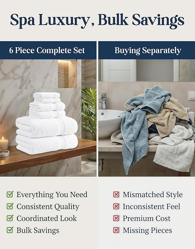 LANE LINEN 100% Cotton Bath Towel Set - 6 Pieces - Super Soft, Highly Absorbent & Quick Dry - 2 Bath, 2 Washcloths, 2 Hand Towels for Bathroom - Hotel Quality, Ideal for Spa, Gym & Travel - White