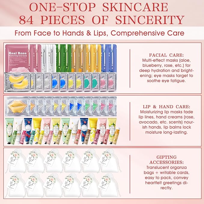 JAOJAO 84PCS Spa Party Supplies for Women, Spa Party Favors Include Hand Cream Lip Balm Face Masks Under Eye Patches Lip Mask Organza Bag Thank You Card Used for Women Girlfriend Wife Mother Teacher