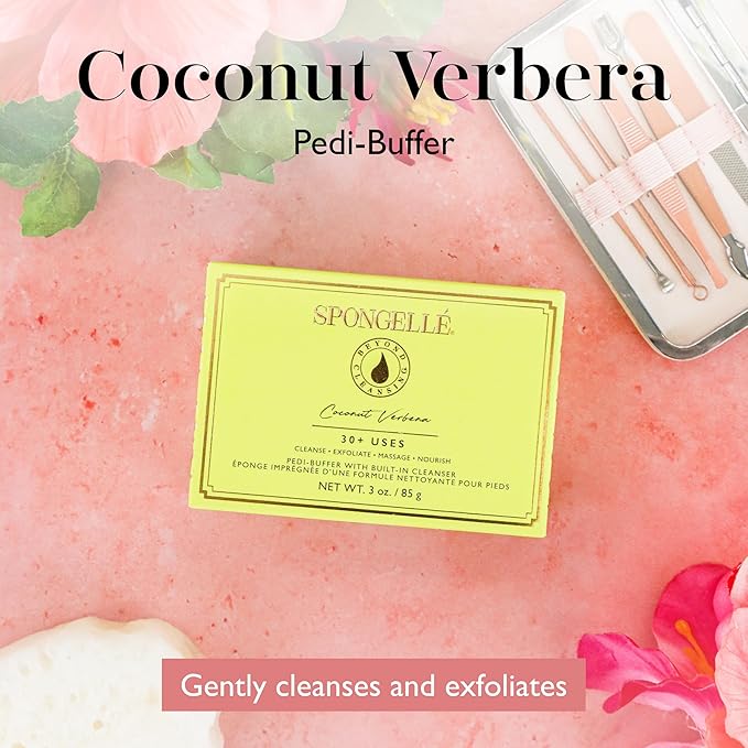 Spongellé Coconut Verbena Pedi Buffer Bath Sponge | Exfoliating Foot & Heel Scrub | Cleanse, Exfoliate, and Nourish in One Easy Step | Cruelty-Free, Vegan, Dermatologist-Tested, Made in USA | 30+ uses