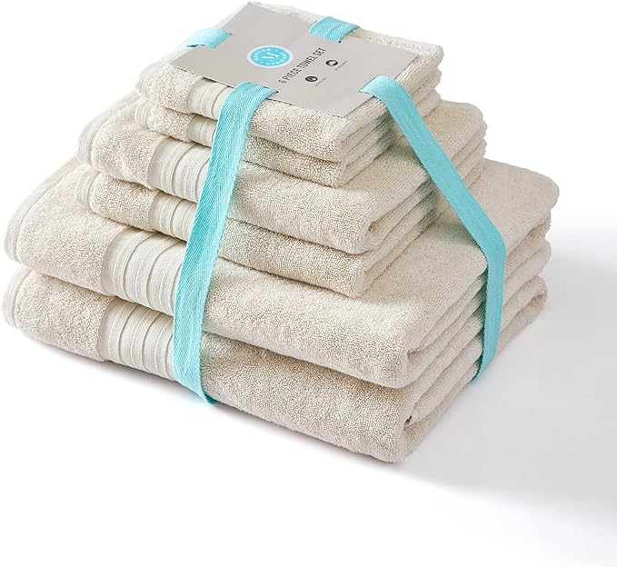 Martha Stewart - Bath Towels, Soft & Absorbent 100% Cotton Towels, Plush 700 GSM, 6-Piece Bathroom Towel Set with Textured Dobby Weave (Skyland Manor Beige)