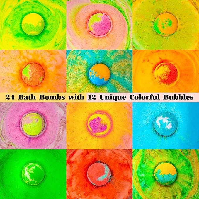 Bath Bombs Gift Se, 24 Pack Bubble Bombs with 12 Unique Scents, Floral & Fruity Collections, Skin-Soothing & Mood-Enhancing, Spa Gifts for Women, Wife, Stress Relief & Relaxation