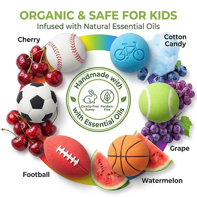 Bath Bombs For Boys W/Educational Flash Cards - Bathbombs with Toys Inside - 2.5 oz Gift Set of 6 Scented Organic Handmade with Natural Essential Oils - Sports Surprise Inside - Bath Toys - by Zenseme