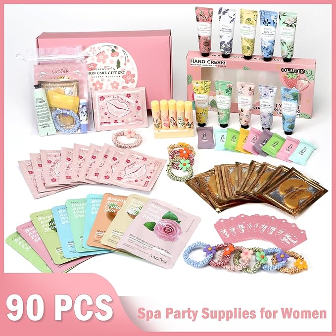 90PCS Spa Party Supplies for Women & Girls, Spa Party Favors Include Face Masks, Hand Cream, Lip Balm, Under Eye Patches, Lip Mask, Spa Birthday Sleepover Party Supplies, Teacher Appreciation Gifts