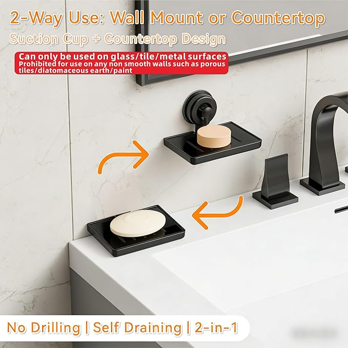 SUOXING 2 Pack Bar of Soap Holder for Shower with Suction Cup,Rustproof Wall Mounted Acrylic Shower Soap Rack & Caddy for Bathroom,Bath,Kitchen,Plastic Self Draining Soap Holder and Soap Shelf,Black